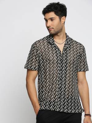 men's short sleeves chevron black crochet sheer shirt 2