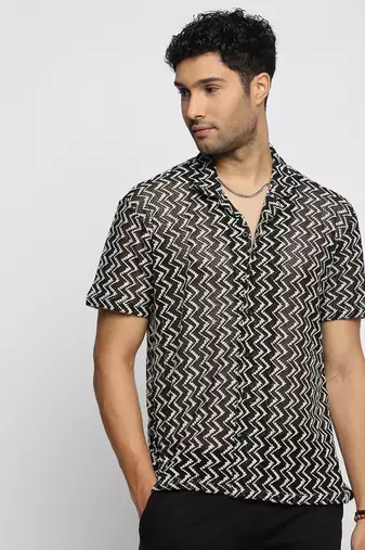 men's short sleeves chevron black crochet sheer shirt