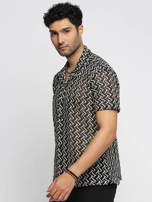 men's short sleeves chevron black crochet sheer shirt 3