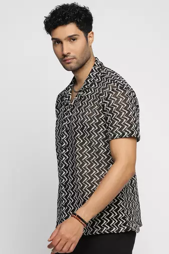 men's short sleeves chevron black crochet sheer shirt