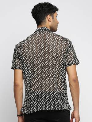 men's short sleeves chevron black crochet sheer shirt 4