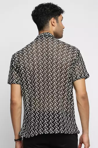 men's short sleeves chevron black crochet sheer shirt