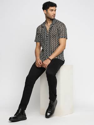men's short sleeves chevron black crochet sheer shirt 5