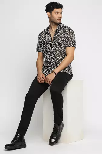 men's short sleeves chevron black crochet sheer shirt