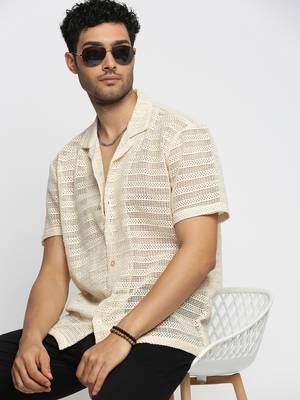 men's short sleeves solid cream crochet sheer shirt 1