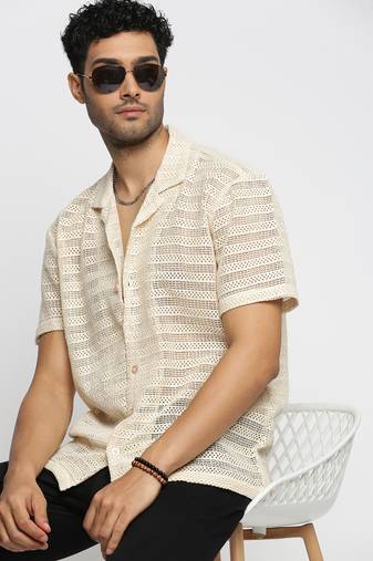 men's short sleeves solid cream crochet sheer shirt