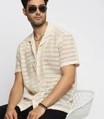men's short sleeves solid cream crochet sheer shirt