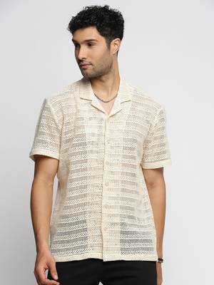 men's short sleeves solid cream crochet sheer shirt 2