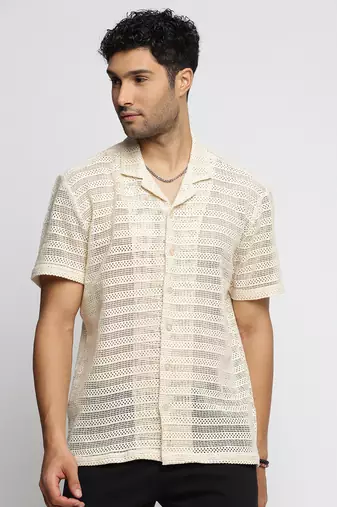 men's short sleeves solid cream crochet sheer shirt