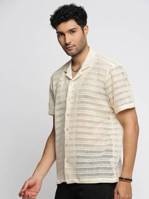 men's short sleeves solid cream crochet sheer shirt 3