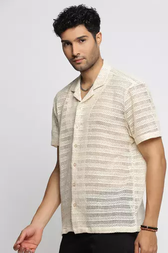 men's short sleeves solid cream crochet sheer shirt