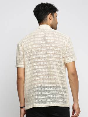 men's short sleeves solid cream crochet sheer shirt 4