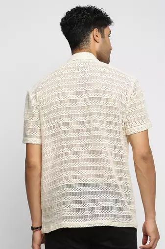 men's short sleeves solid cream crochet sheer shirt
