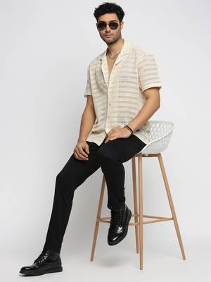 men's short sleeves solid cream crochet sheer shirt 5