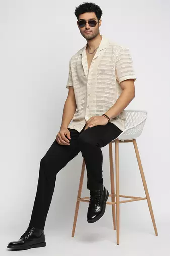 men's short sleeves solid cream crochet sheer shirt