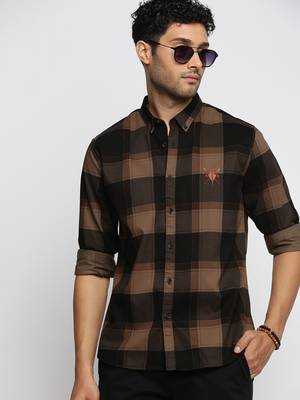 Showoff men's long sleeves tartan checks brown shirt 1