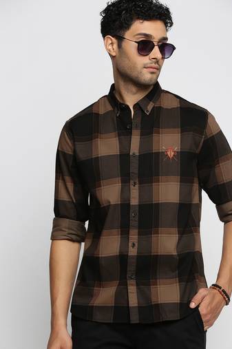 Showoff men's long sleeves tartan checks brown shirt