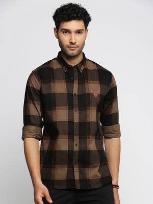 Showoff men's long sleeves tartan checks brown shirt 2