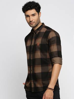 Showoff men's long sleeves tartan checks brown shirt 3