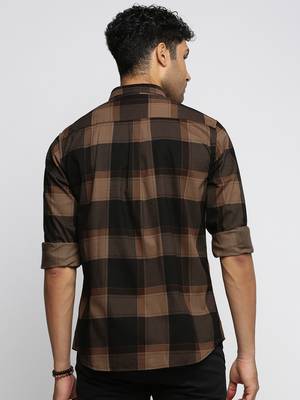 Showoff men's long sleeves tartan checks brown shirt 4