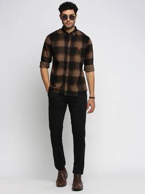 Showoff men's long sleeves tartan checks brown shirt 5