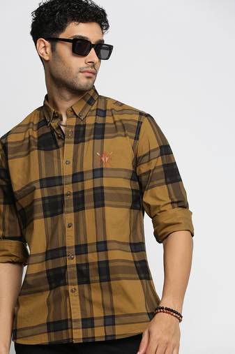 men's long sleeves tartan checks mustard shirt