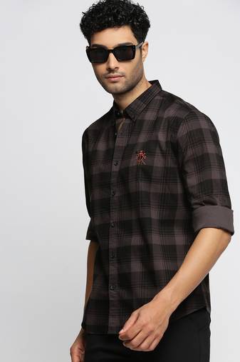 men's long sleeves tartan checks grey shirt