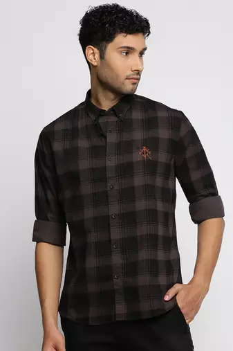 men's long sleeves tartan checks grey shirt