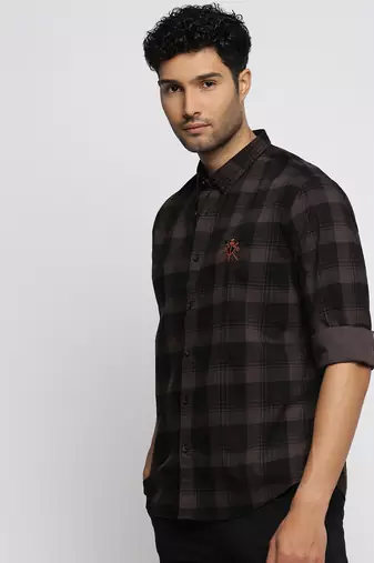 men's long sleeves tartan checks grey shirt