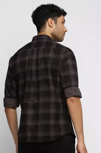 men's long sleeves tartan checks grey shirt