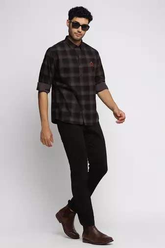 men's long sleeves tartan checks grey shirt