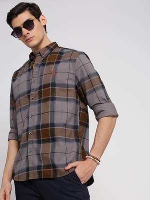 men's long sleeves tartan checks grey shirt 1