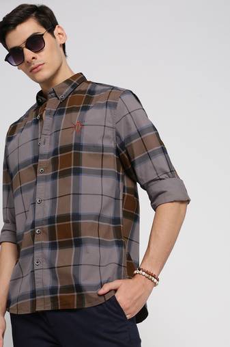 men's long sleeves tartan checks grey shirt