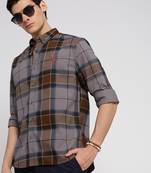 men's long sleeves tartan checks grey shirt