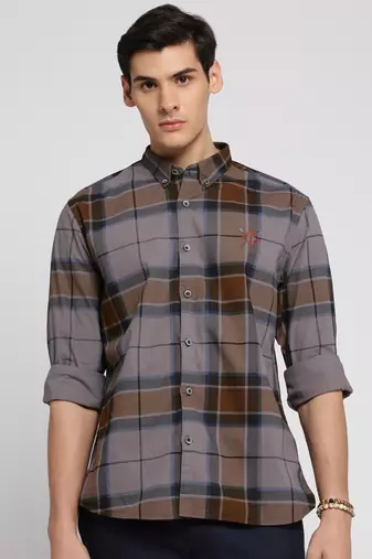 men's long sleeves tartan checks grey shirt