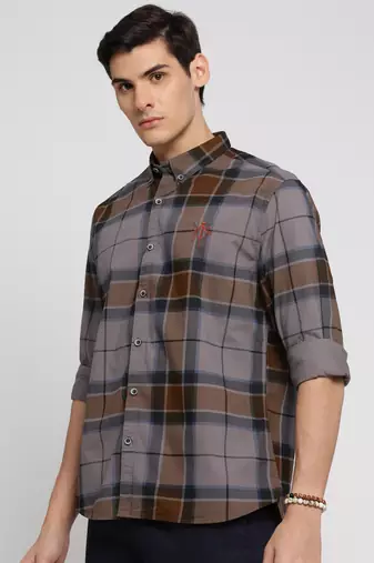 men's long sleeves tartan checks grey shirt