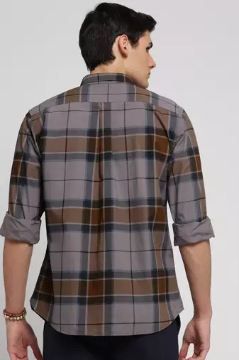 men's long sleeves tartan checks grey shirt