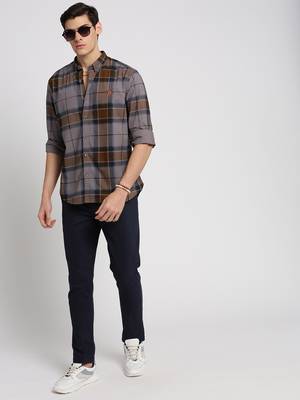 men's long sleeves tartan checks grey shirt 5