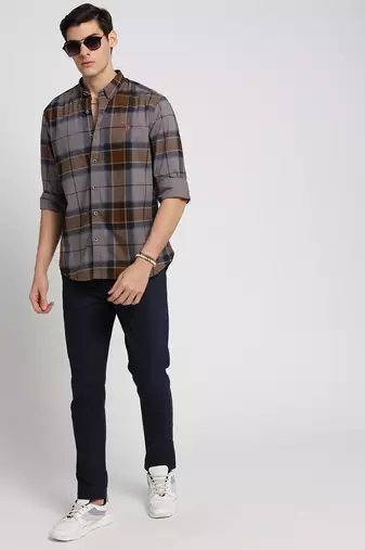 men's long sleeves tartan checks grey shirt