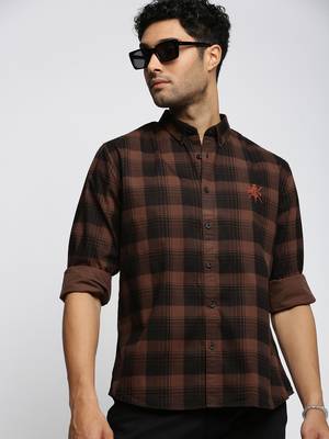 men's long sleeves tartan checks brown shirt 1