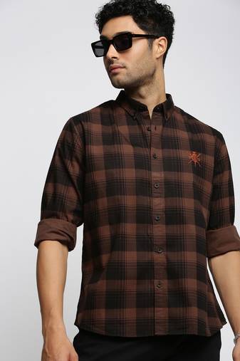 men's long sleeves tartan checks brown shirt