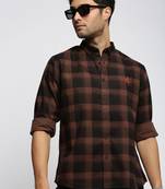 men's long sleeves tartan checks brown shirt