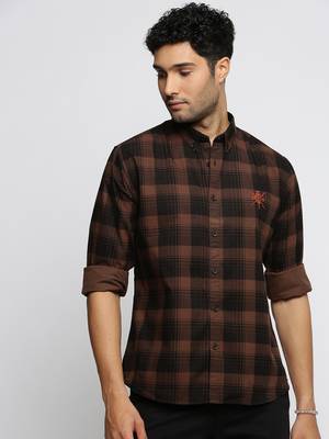 men's long sleeves tartan checks brown shirt 2
