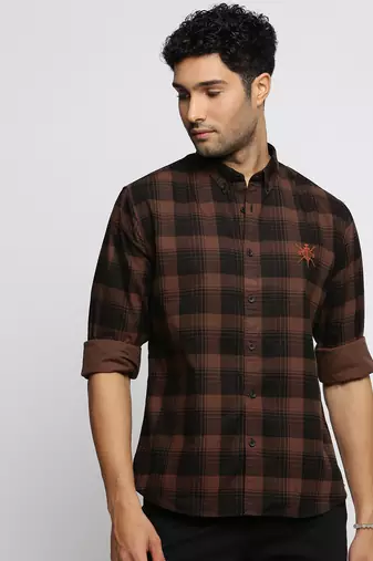 men's long sleeves tartan checks brown shirt