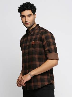 men's long sleeves tartan checks brown shirt 3