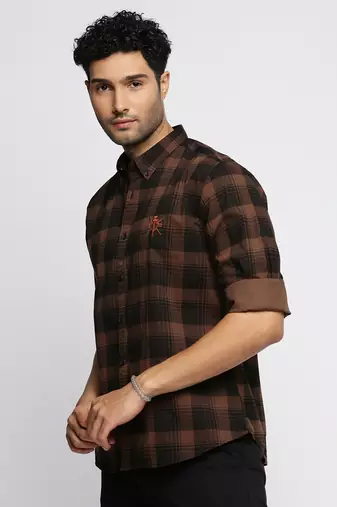 men's long sleeves tartan checks brown shirt