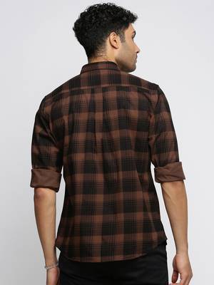 men's long sleeves tartan checks brown shirt 4