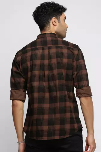 men's long sleeves tartan checks brown shirt