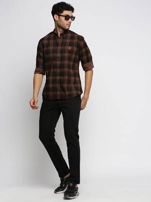 men's long sleeves tartan checks brown shirt 5