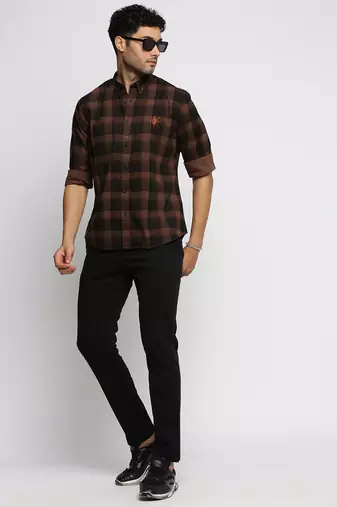 men's long sleeves tartan checks brown shirt